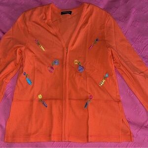 AMYJESS Bright Orange Embroidered Zip-Up Cardigan WITH shoulder pads.